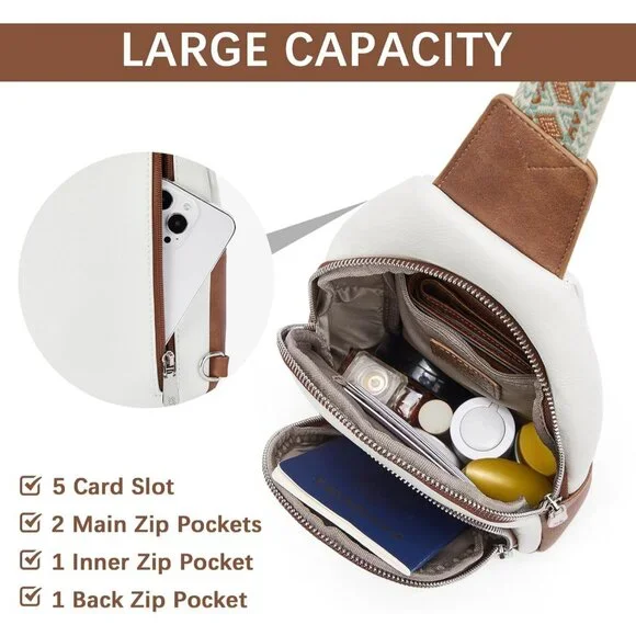 Leather Sling Bag for Women Vintage Crossbody Purse with Guitar Strap Bohemian - Picture 4 of 8